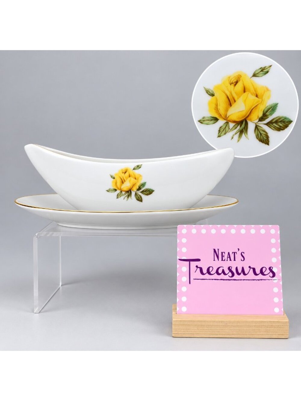 MCM Sango Fine China DAWN Yellow Rose Gold Trim Gravy Sauce Boat Underplate